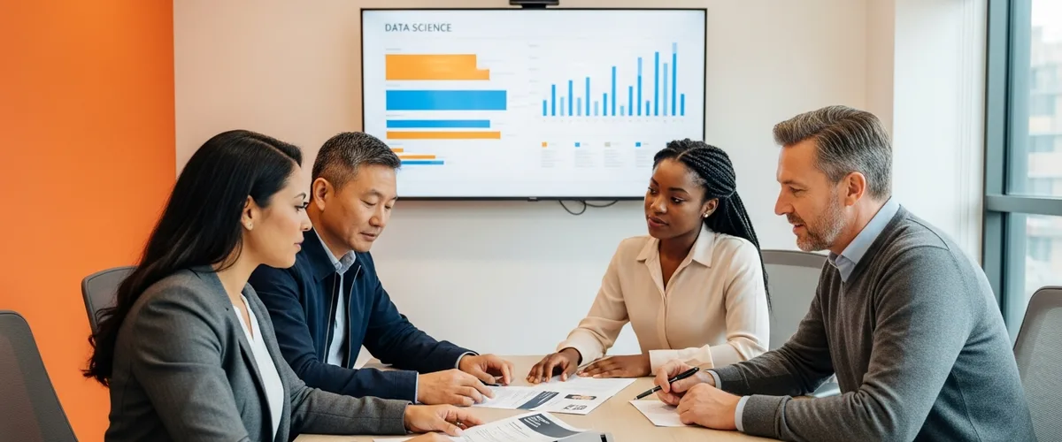 Cross-functional data science hiring committee of four diverse professionals reviewing data scientist candidate profiles in a modern Orange County technology company conference room