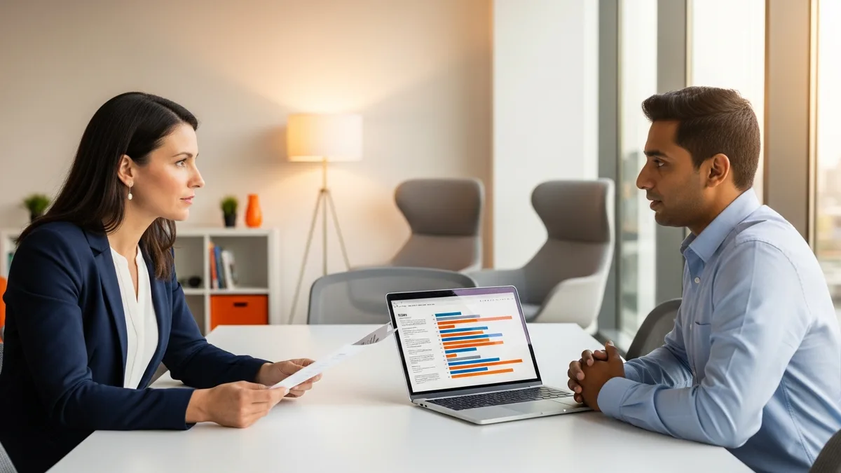 Senior data science hiring manager conducting an in-person technical interview with a data scientist candidate at a clean modern conference table in a bright corporate office