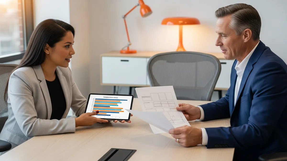 Hiring manager and director of data side by side at a conference table finalizing the compensation package and offer letter for a senior data scientist hire