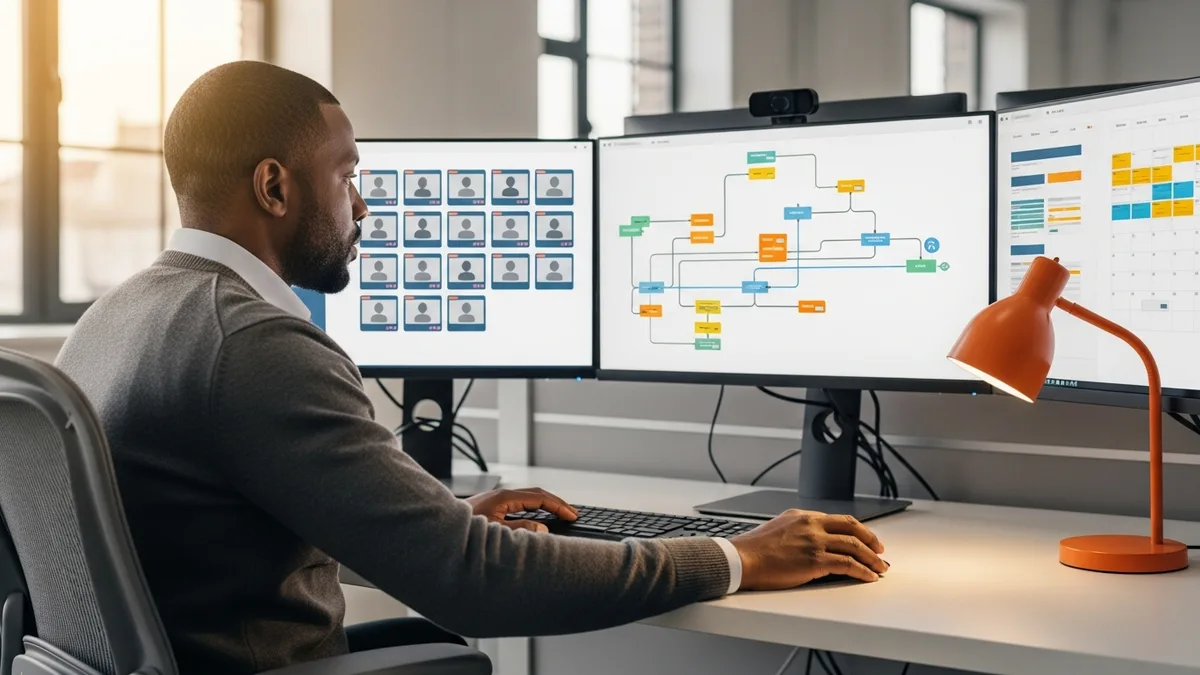 Technical recruiter at a multi-monitor workstation reviewing data scientist candidate profiles and a sourcing pipeline for a 2026 hiring search