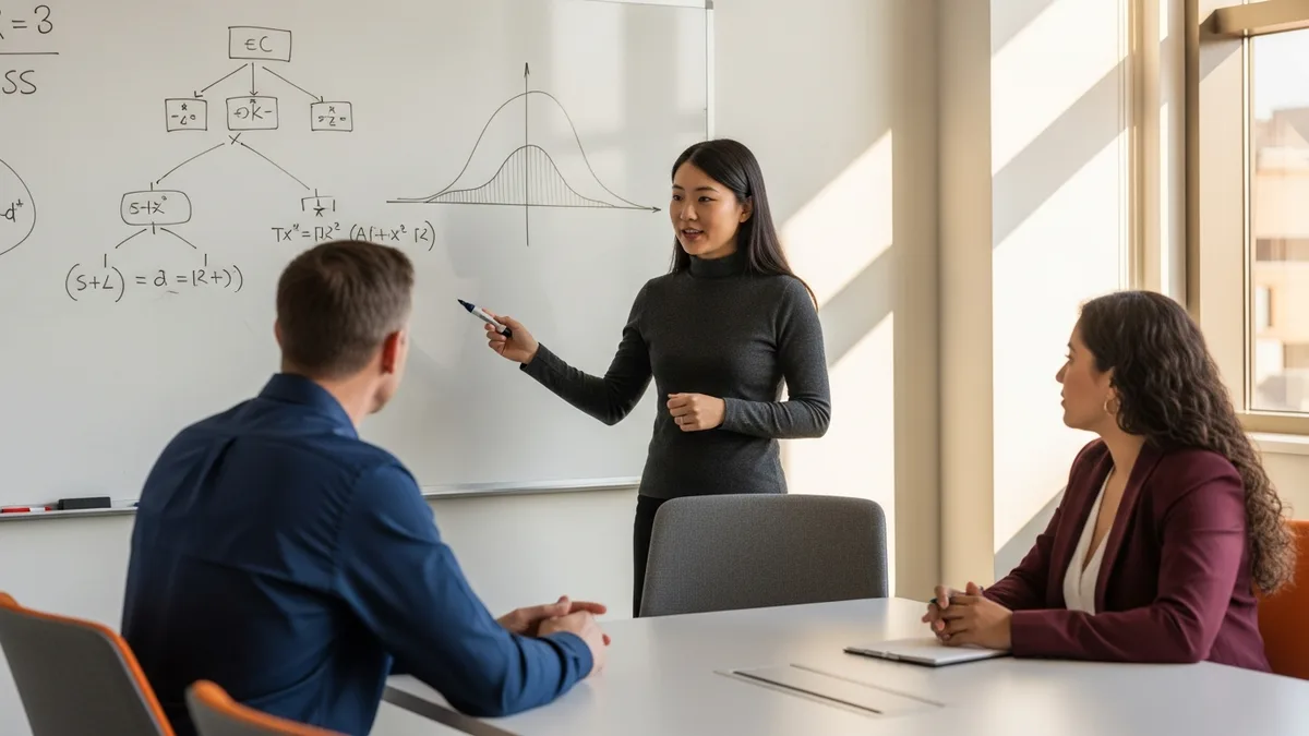 Data scientist candidate at a whiteboard explaining a statistical and machine learning concept to two interviewers during the technical round of a 2026 hiring loop