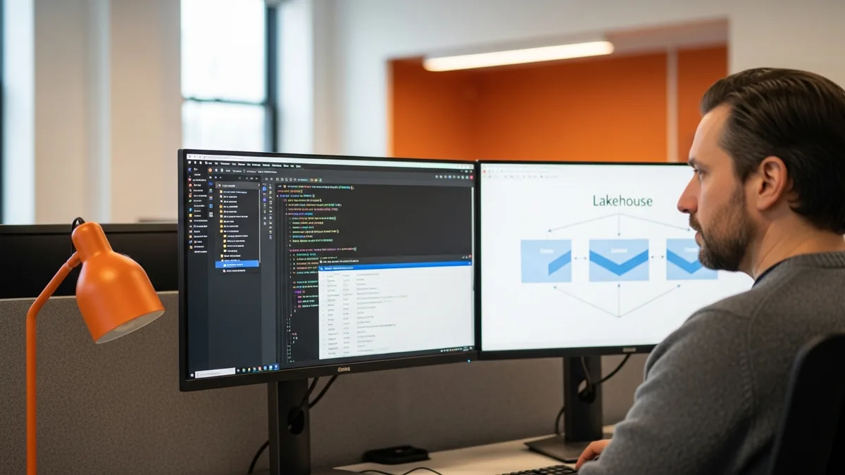 Senior Databricks data engineer reviewing a medallion-style lakehouse architecture and a PySpark notebook on dual ultrawide monitors at a modern workstation