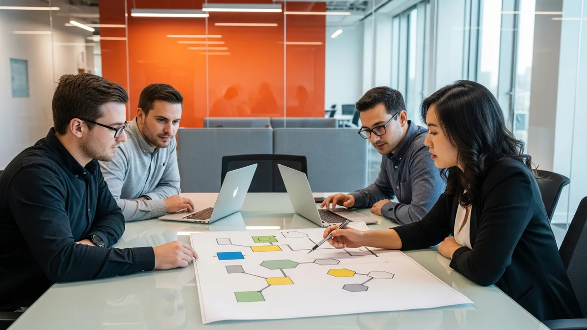 Platform engineering team gathered at a glass conference table reviewing a printed Databricks lakehouse architecture diagram in a modern office