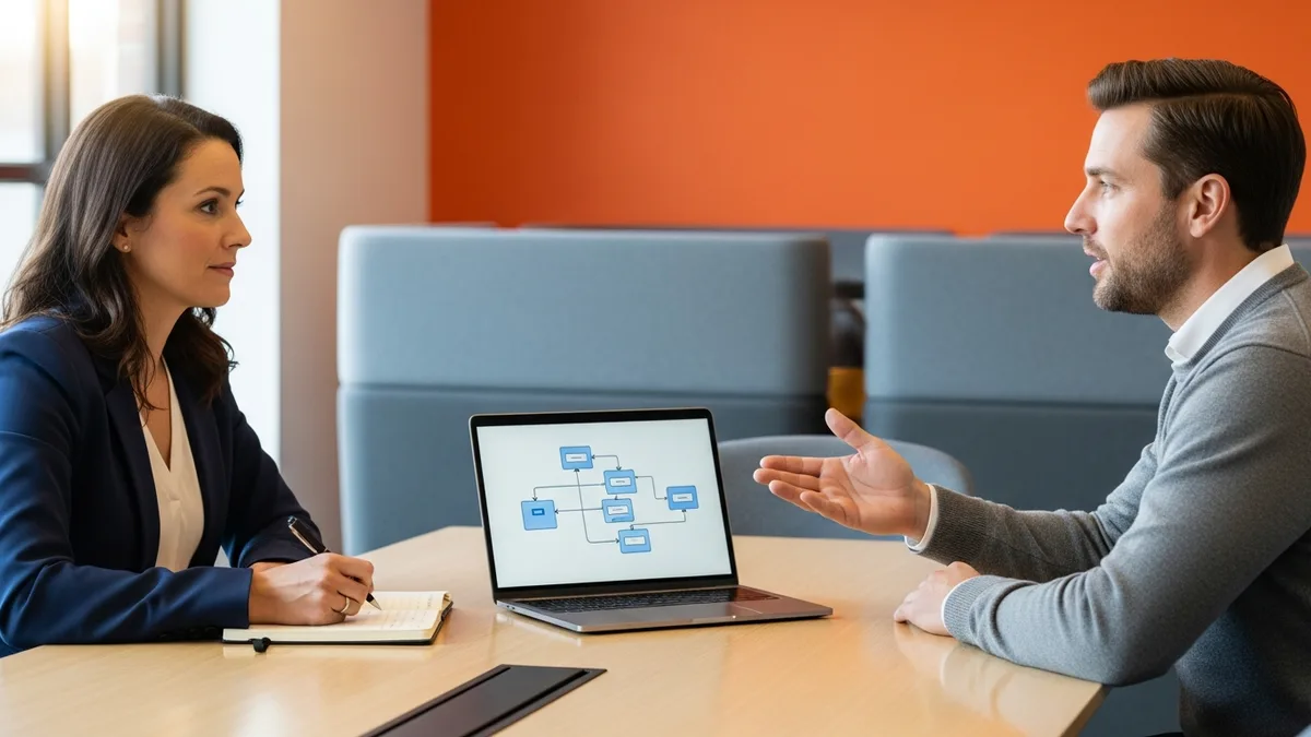 Hiring manager and senior Databricks engineer candidate in a focused technical interview discussing Delta Lake and Unity Catalog production work