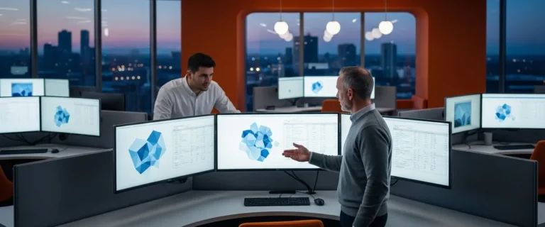 Databricks engineering team reviewing data platform metrics across a curved bank of ultrawide monitors at twilight in a modern enterprise office