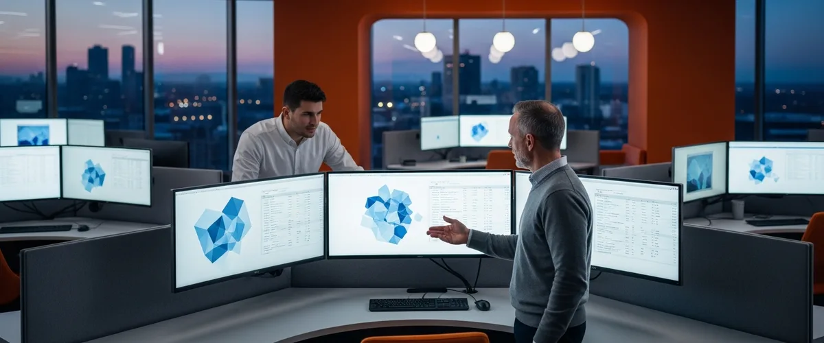 Databricks engineering team reviewing data platform metrics across a curved bank of ultrawide monitors at twilight in a modern enterprise office