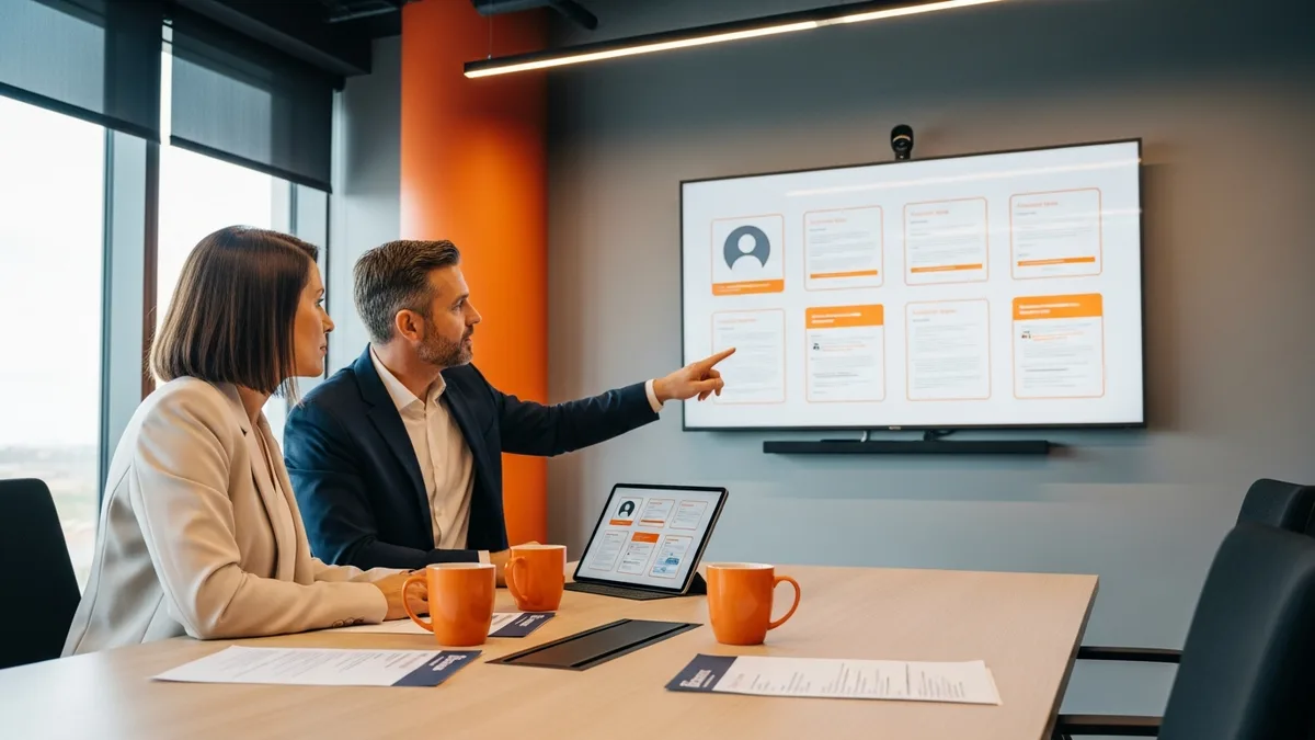 KORE1 recruiter and hiring manager reviewing embedded systems engineer candidate submittals on a conference room screen