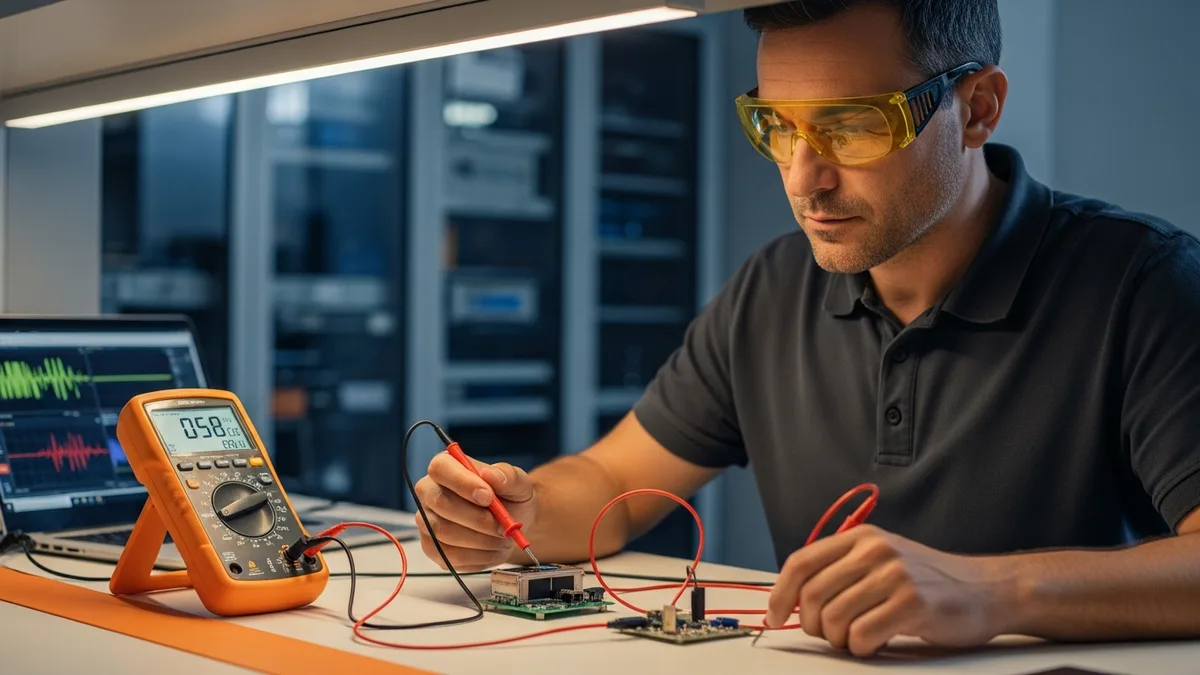 Embedded systems engineer measuring power consumption on a battery-powered prototype with a digital multimeter and current probe in an electronics lab