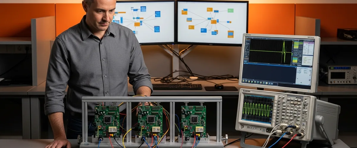 Senior embedded systems engineer reviewing a multi-board hardware test fixture with oscilloscope and system architecture diagrams at a KORE1 engineering workstation