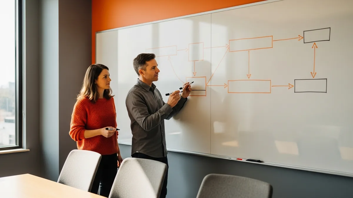 Two embedded systems engineers running a hardware-software system partitioning whiteboard session in a modern engineering conference room