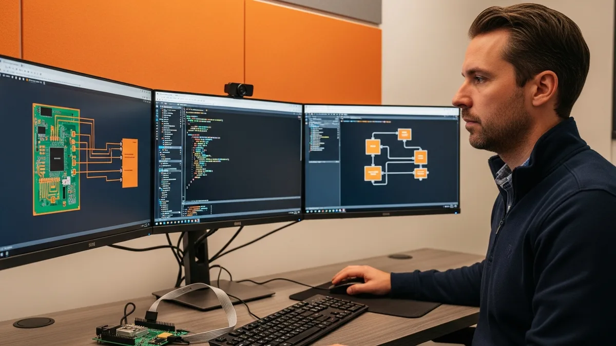 Embedded systems engineer reviewing circuit schematic, embedded C code, and hardware-software system architecture diagram at a triple-monitor workstation with an ARM development board