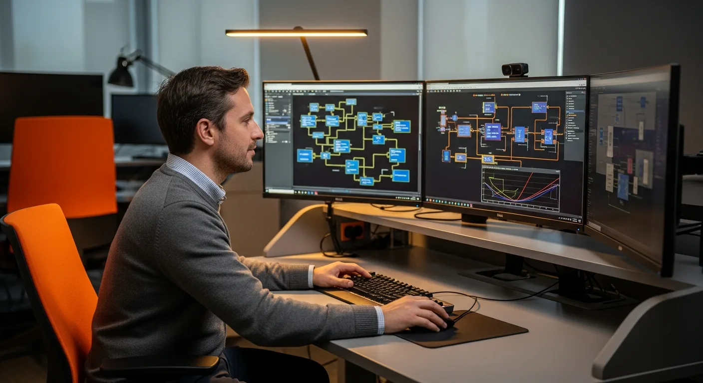 Senior FPGA design engineer at a curved multi-monitor workstation studying a hierarchical SystemVerilog block diagram and timing closure report in a modern hardware design lab