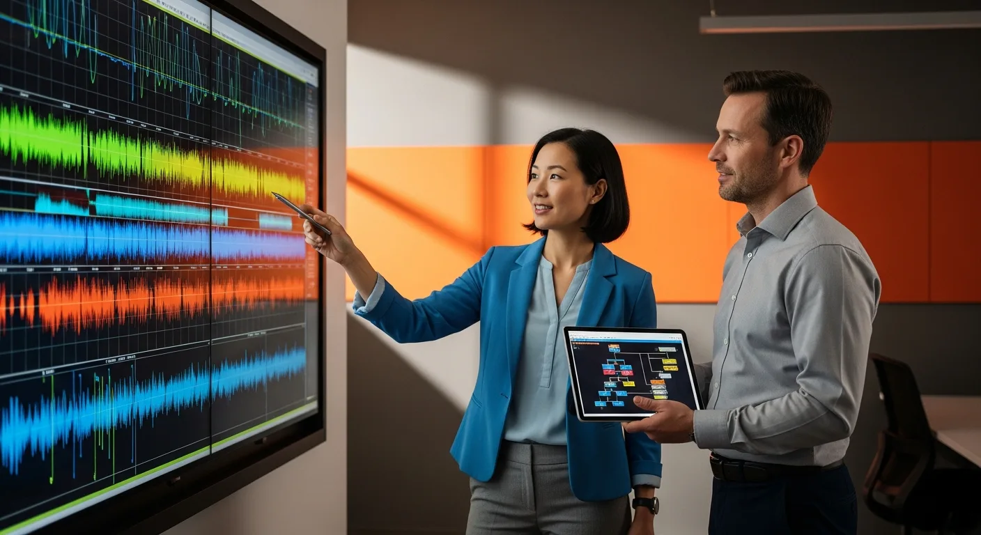 Two senior FPGA verification engineers reviewing UVM simulation waveform traces and coverage data on a wall-mounted display in a modern hardware verification lab