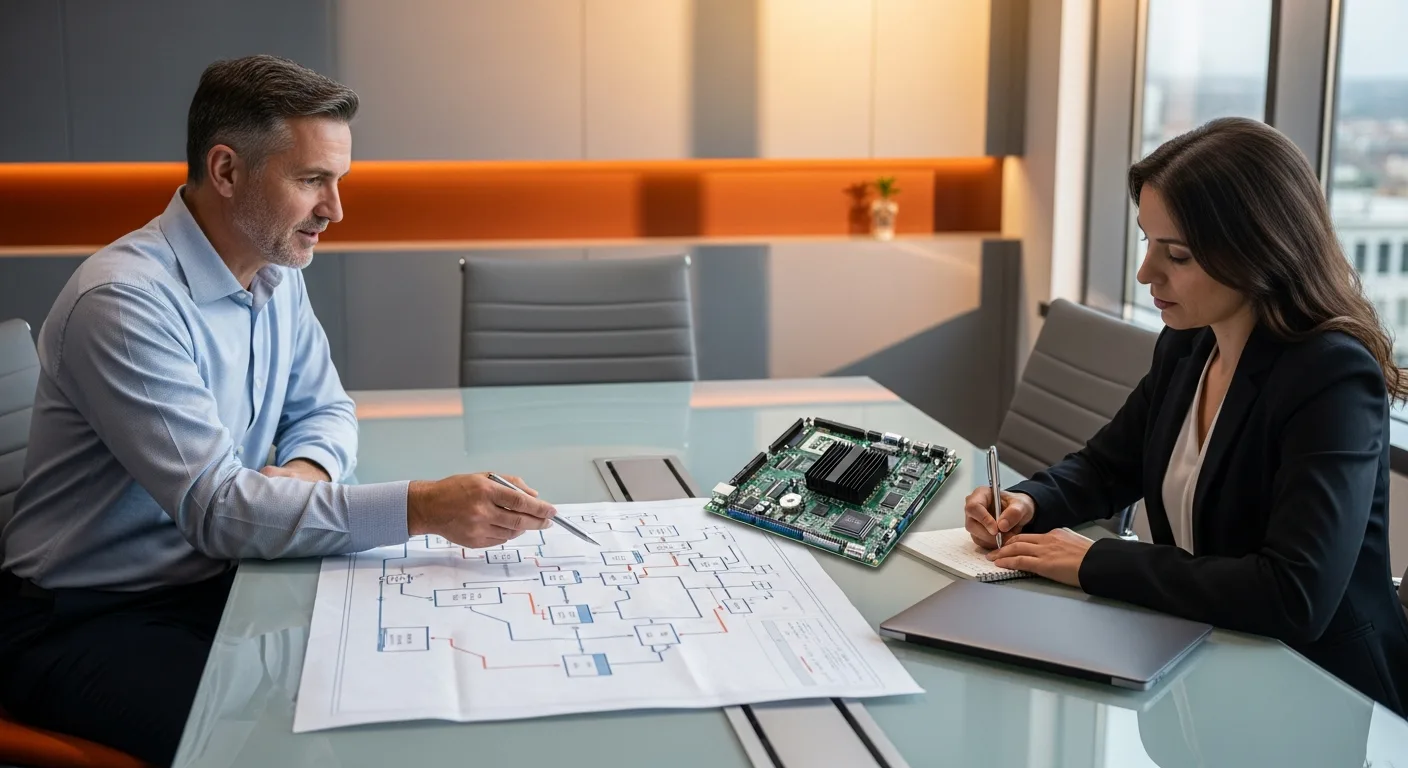 Two senior hardware engineers reviewing an FPGA system architecture diagram on a glass conference table next to a populated FPGA evaluation board in a modern enterprise conference room