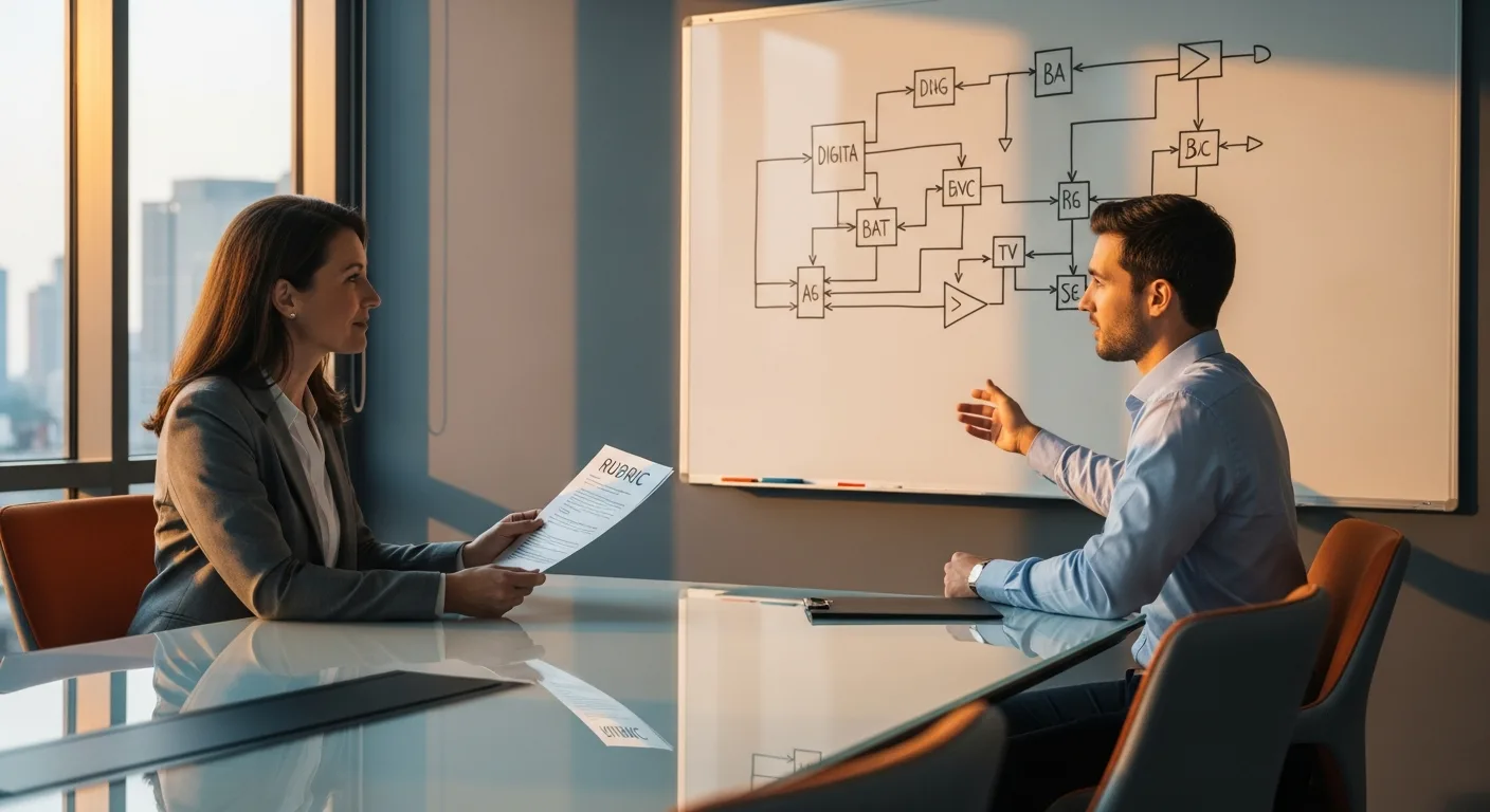FPGA engineering hiring manager and senior candidate working through a pipelined digital design block diagram on a whiteboard during a technical interview in a modern conference room