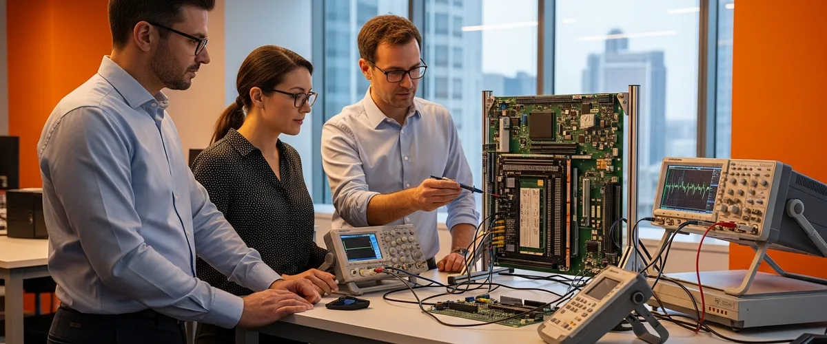 Senior FPGA hardware engineering team of three reviewing a populated programmable logic development board with a logic analyzer probe array on the bench in a modern hardware engineering lab
