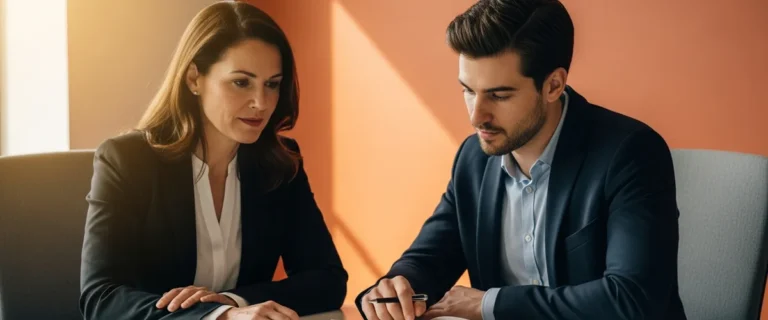 Senior hiring manager and generative AI engineer candidate seated across a clean modern conference table during a hiring interview in a warm corporate office
