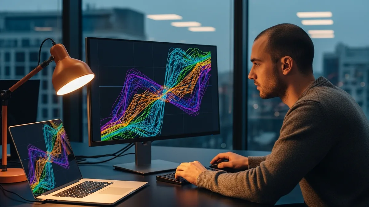 Generative AI engineer debugging a production model performance dashboard showing abstract latency and eval score regressions at a tech workstation with warm orange desk lighting