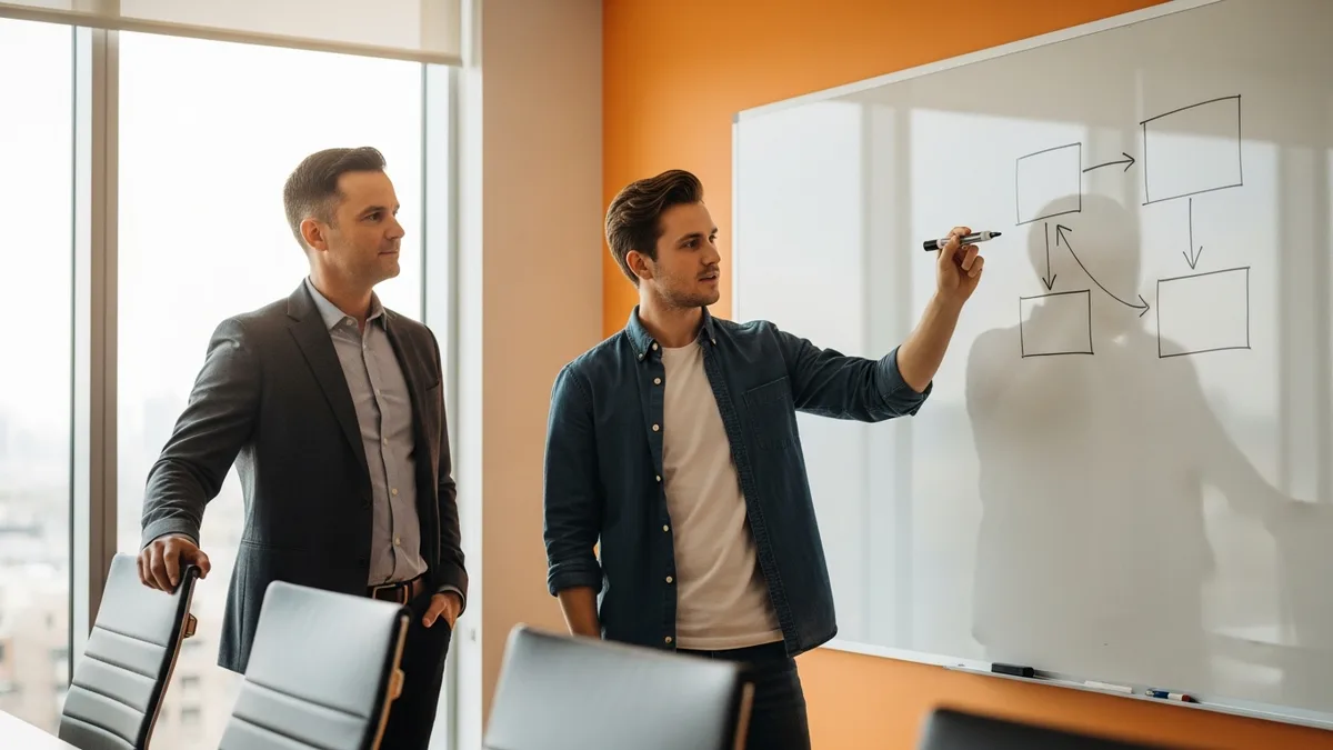 Hiring manager and senior generative AI engineer reviewing a RAG retrieval pipeline architecture sketch at a whiteboard in a modern technology office with orange accent wall