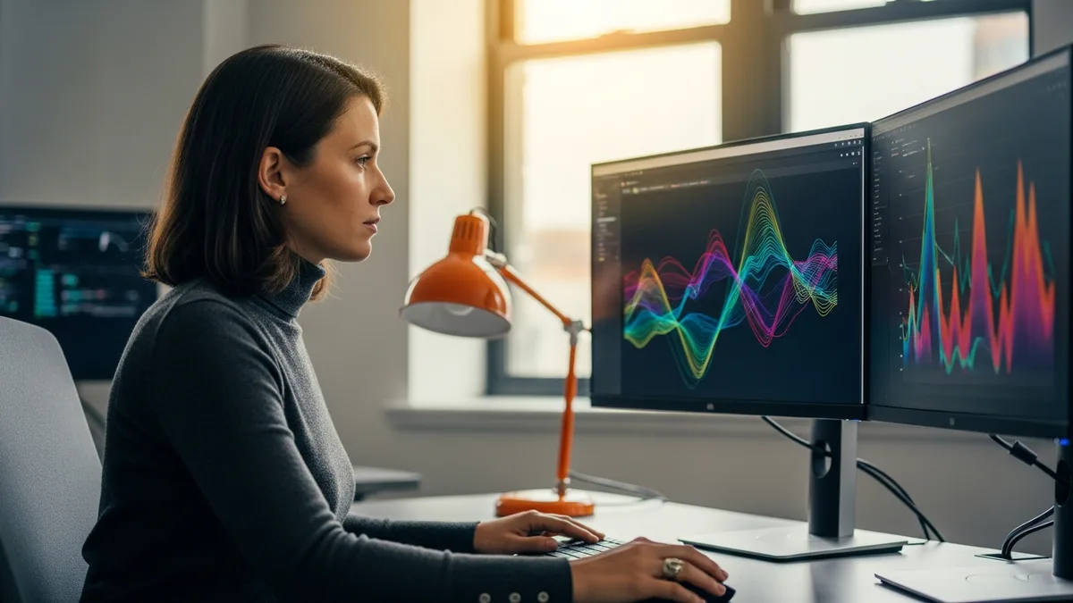 Senior generative AI engineer reviewing model evaluation dashboard with abstract performance graphs on dual monitors at a modern workstation with orange desk lamp