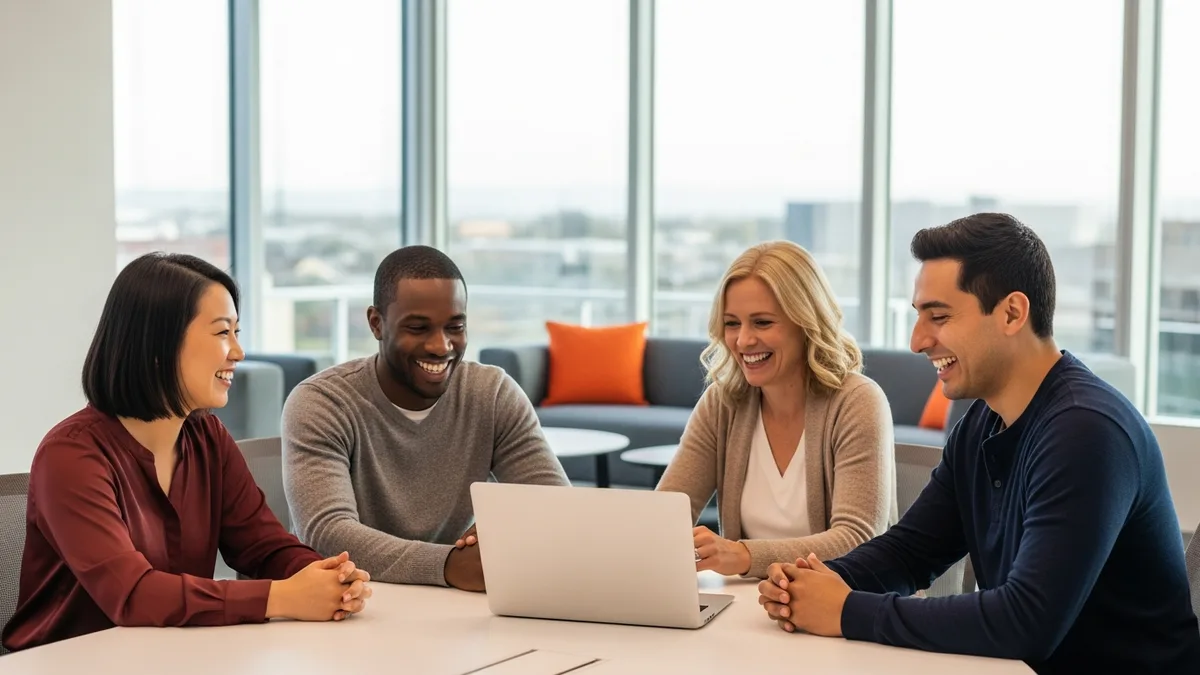 Diverse generative AI engineering team of four people collaborating around a laptop in a bright modern Bay Area conference room with floor-to-ceiling windows