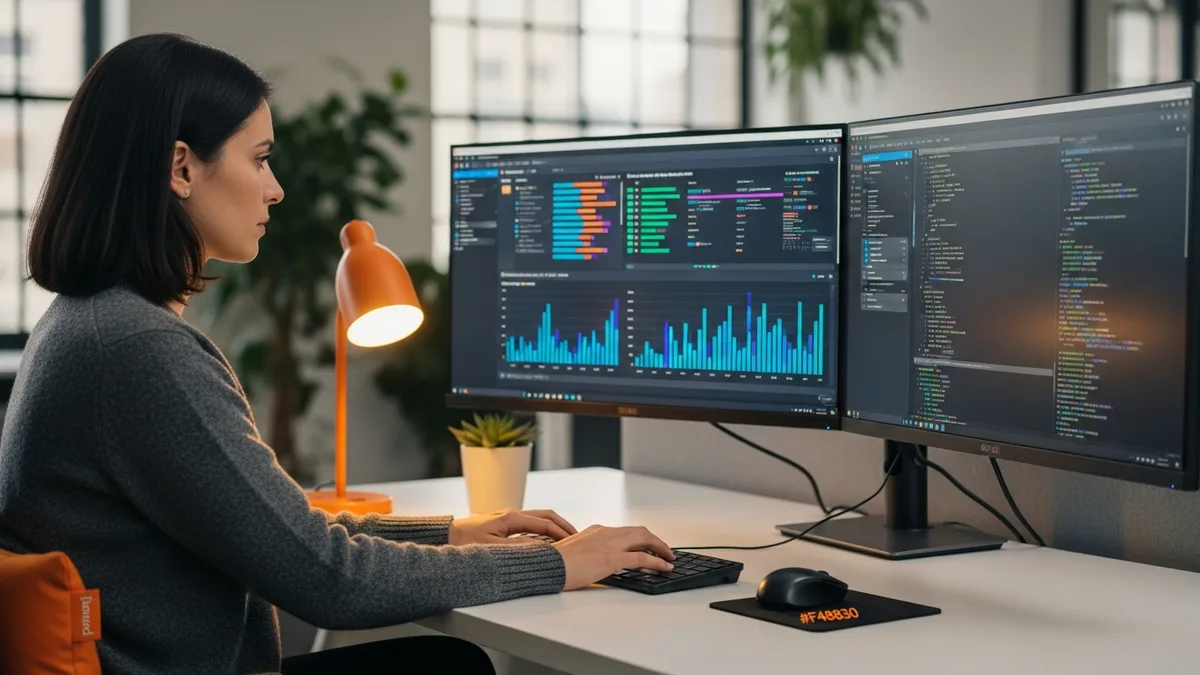 Senior Kafka platform engineer monitoring broker partition health, consumer lag, and tiered storage dashboards on dual ultrawide monitors in a modern streaming data operations center