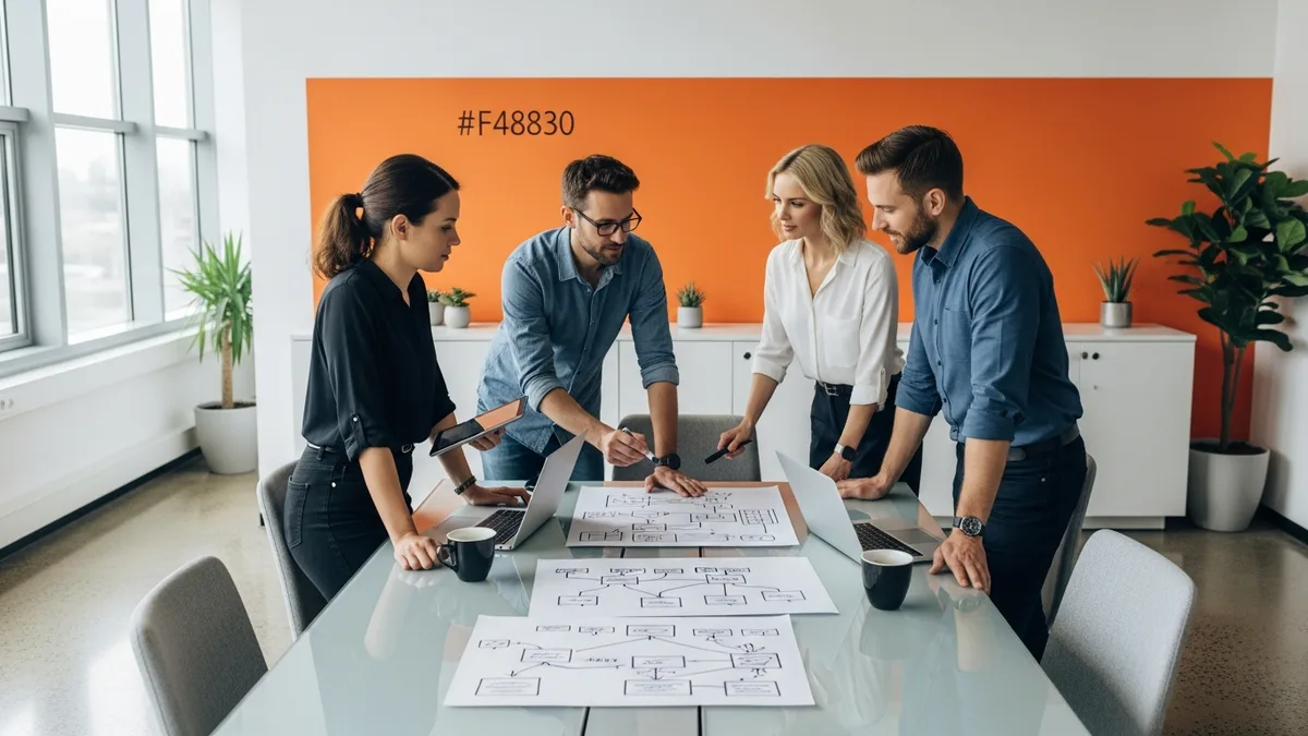 Platform engineering team at a glass conference table reviewing a printed Kafka cluster topology diagram with broker, controller, and tiered storage labels in a modern office