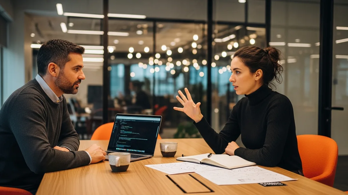 Hiring manager and senior Kafka engineer candidate in a focused technical interview discussing partition strategy, KRaft migration, and Kafka Streams exactly-once semantics