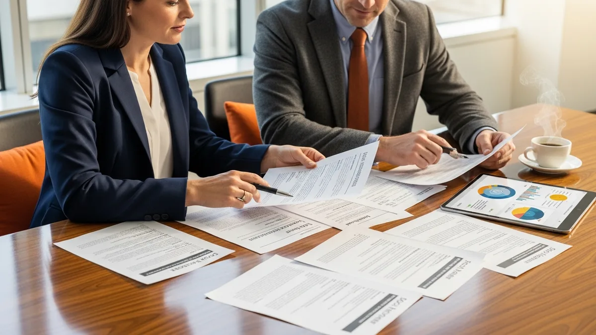 Hiring manager and KORE1 recruiter reviewing a Kafka job description and intake notes for partition strategy, KRaft migration, and stream processing requirements at a modern conference table