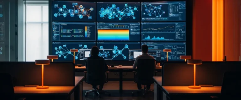 Senior Kafka platform engineers monitoring broker topology graphs, consumer lag charts, and partition health visualizations across large wall-mounted displays in a modern streaming data operations center
