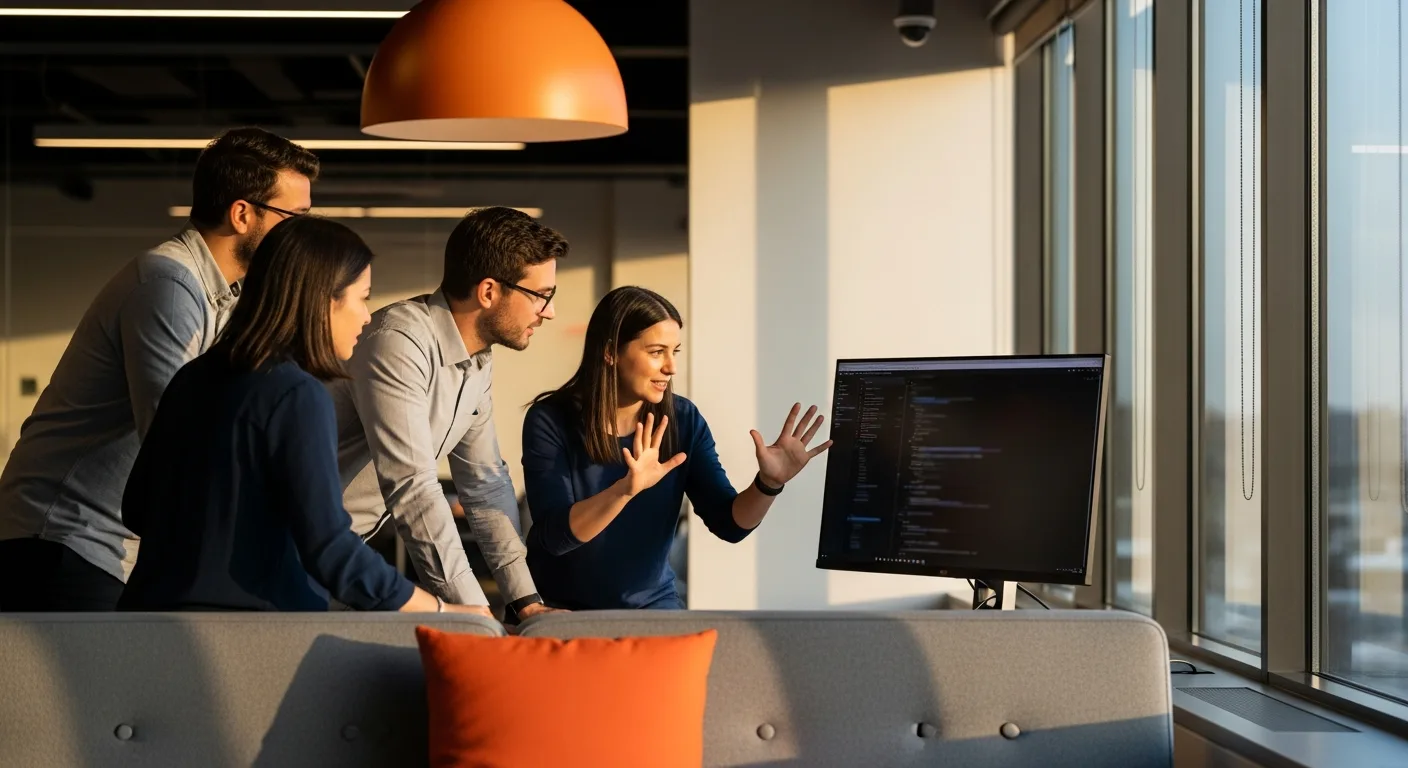 Cross-functional machine learning engineering team in a collaborative code review session discussing a model training pipeline at a modern tech company office