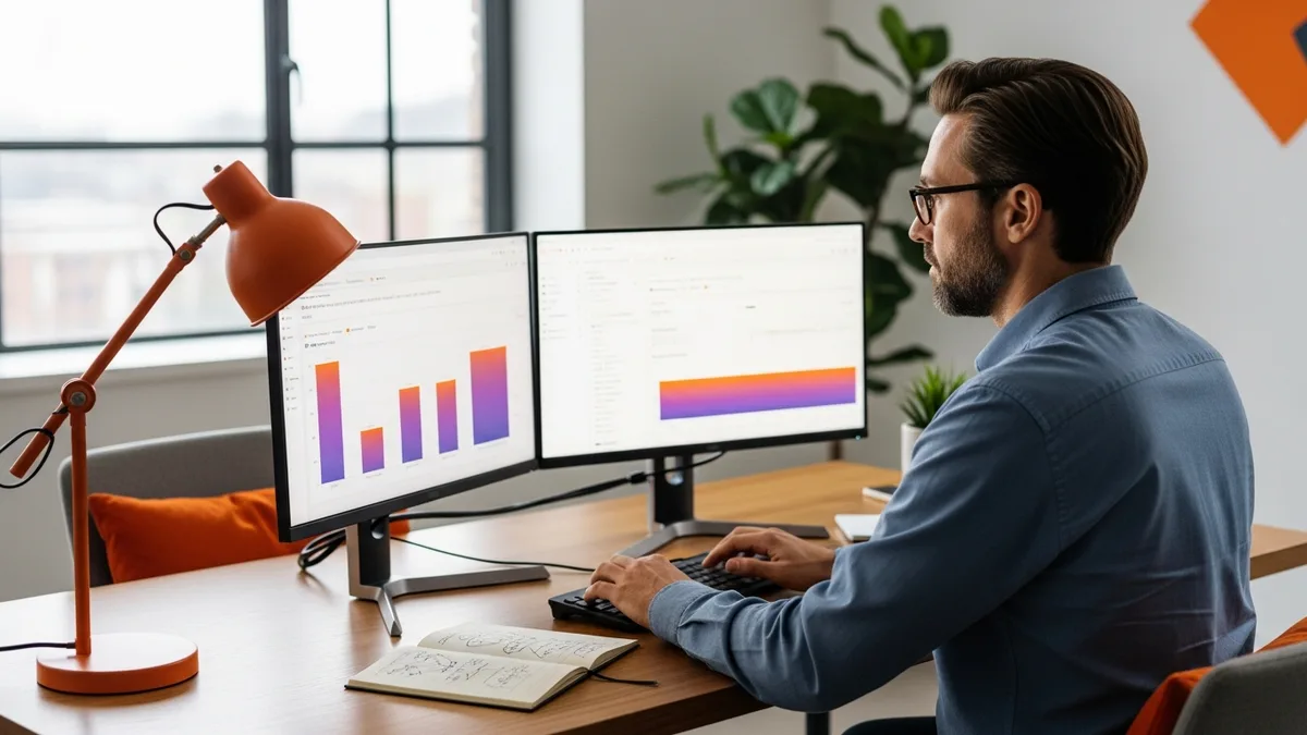 Senior NLP engineer reviewing a retrieval evaluation dashboard with precision-recall plots and ranked-result heatmaps on dual ultrawide monitors