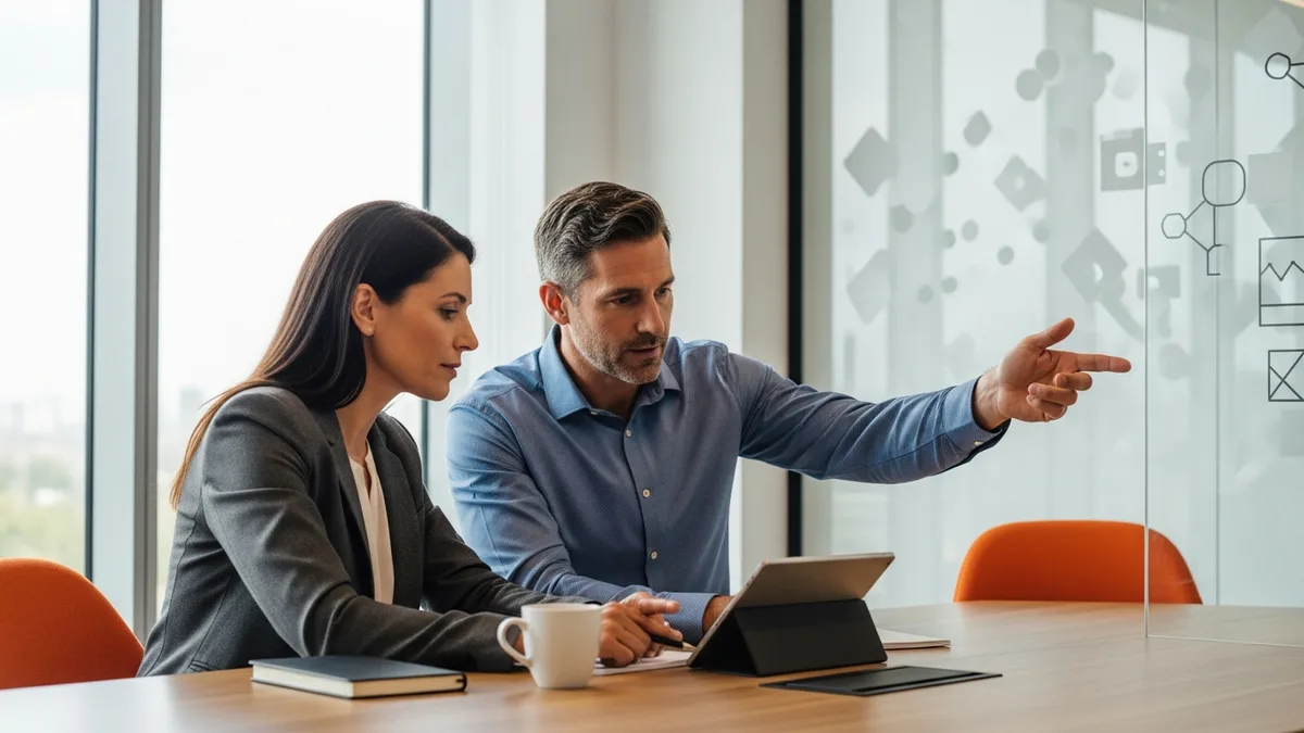 Hiring manager and KORE1 senior recruiter collaborating in a conference room while scoping an NLP engineer search and reviewing a job description