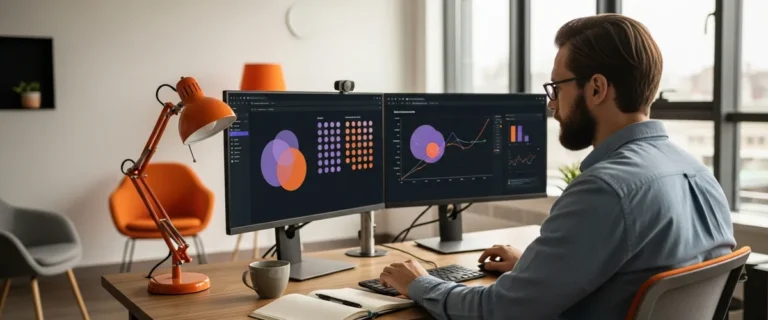 Senior NLP engineer reviewing entity-extraction and precision-recall visualizations on dual monitors in a modern KORE1 IT staffing office workspace