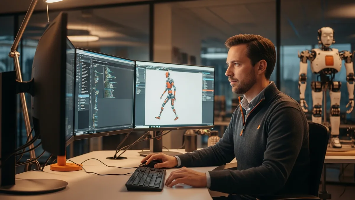 Senior robotics engineer at a multi-monitor workstation reviewing a ROS2 navigation stack and a real-time MuJoCo simulation of a bipedal humanoid robot in a modern robotics research lab