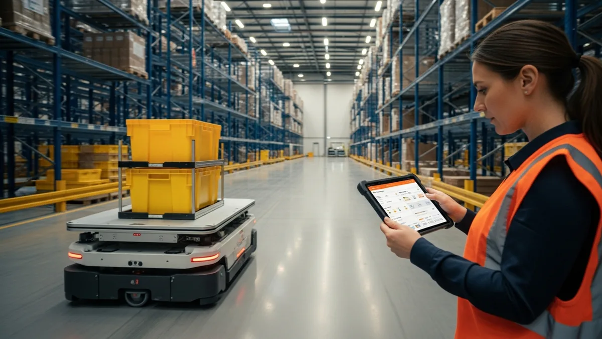 Autonomous mobile robot navigating an industrial warehouse aisle with a robotics deployment engineer reviewing a fleet management dashboard on a tablet
