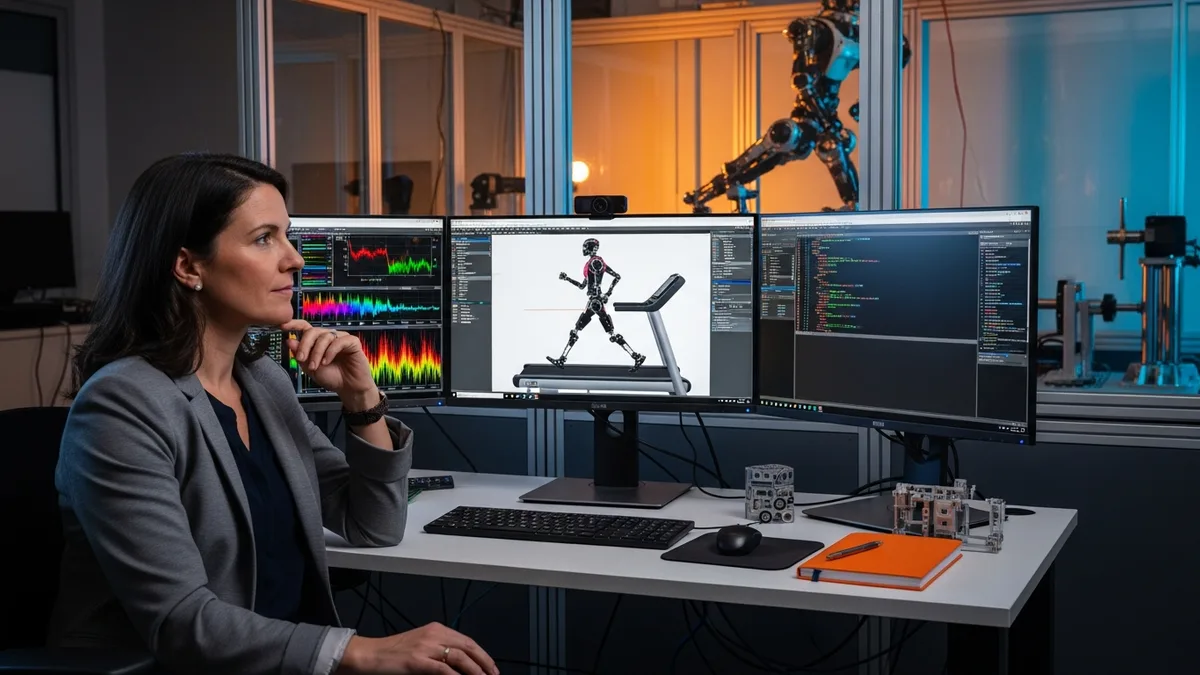 Robotics controls engineer reviewing a real-time MuJoCo simulation of a bipedal robot walking on a treadmill with a torque-control monitoring dashboard on a secondary screen