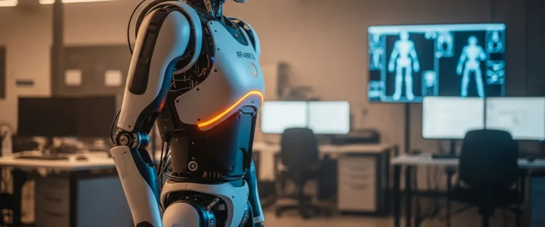 Advanced humanoid bipedal robot standing in a modern robotics research lab, illustrating the 2026 humanoid renaissance reshaping robotics hiring