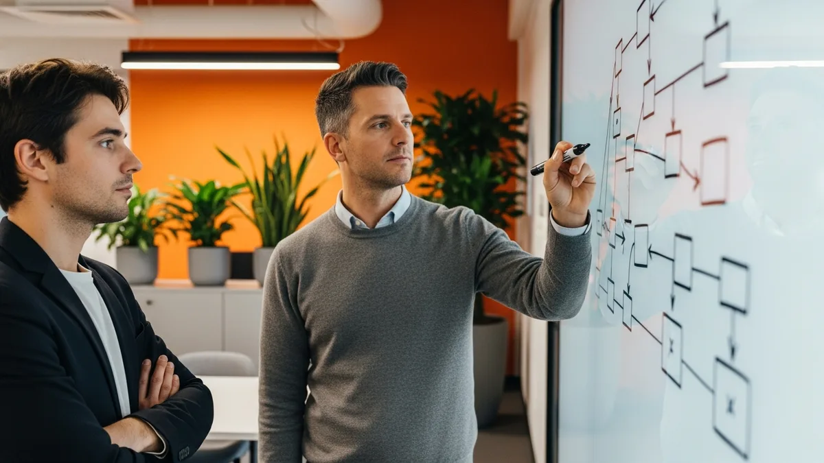 Two Solidity engineers discussing a smart contract architecture diagram on a glass whiteboard during a senior Web3 protocol design review