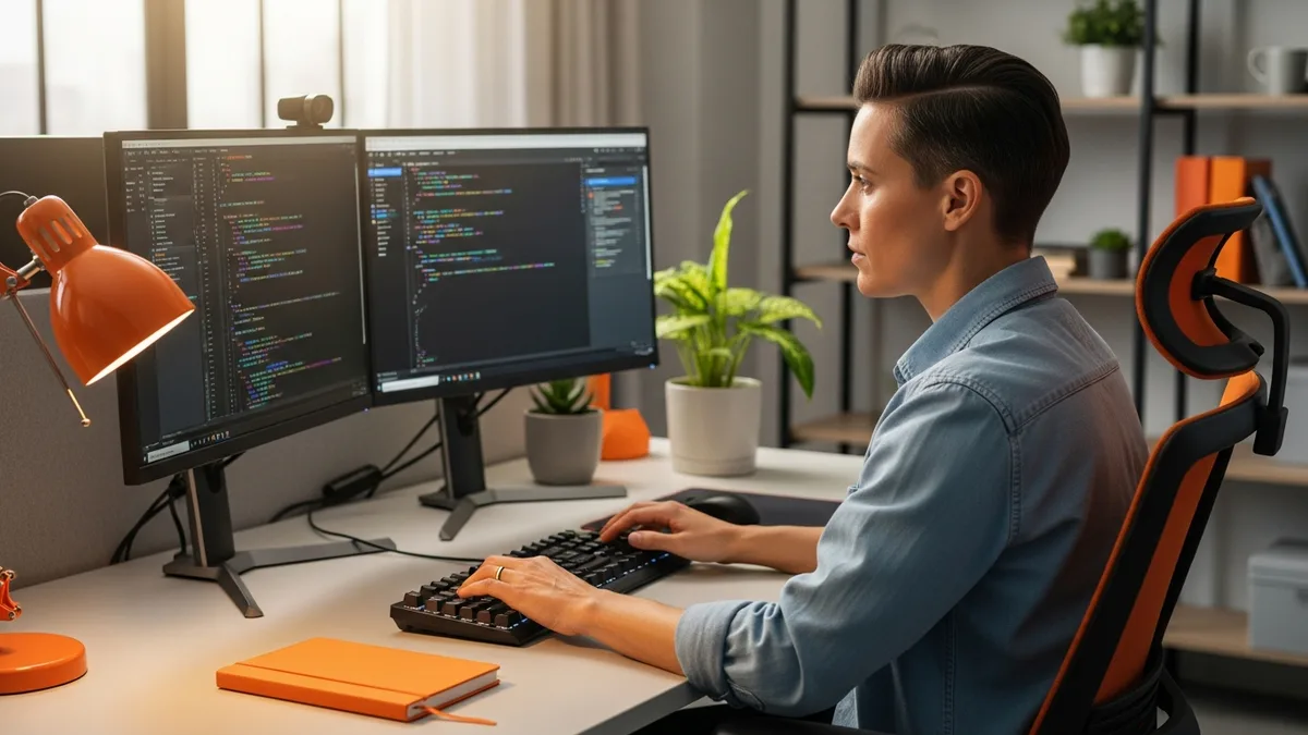 Senior Solidity Web3 developer reviewing smart contract code on a dual-monitor workstation in a modern KORE1 IT staffing office