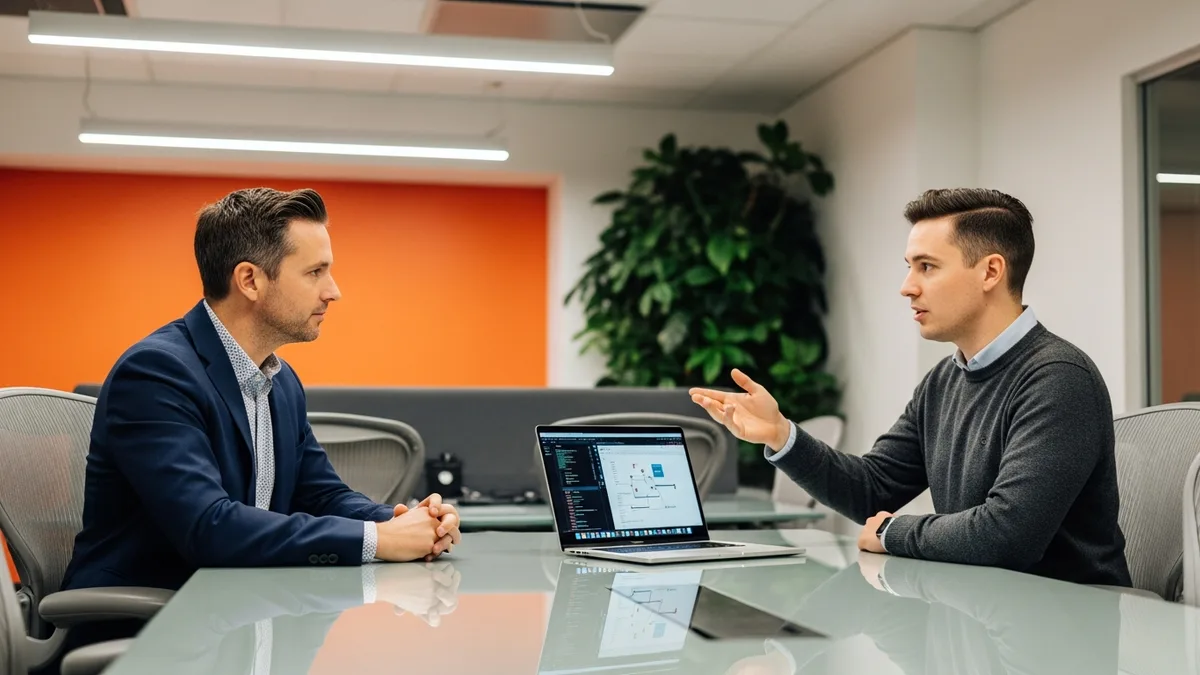 Solidity Web3 developer candidate walking a hiring manager through a smart contract architecture on a laptop during a 2026 technical interview