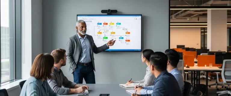 Senior technical product manager presenting a product roadmap on a large monitor to a small group of software engineers in a modern technology company meeting room