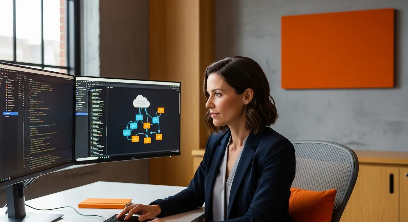 Senior Terraform engineer reviewing multi-cloud infrastructure architecture diagram and HCL module code on dual ultrawide monitors in a modern platform engineering office