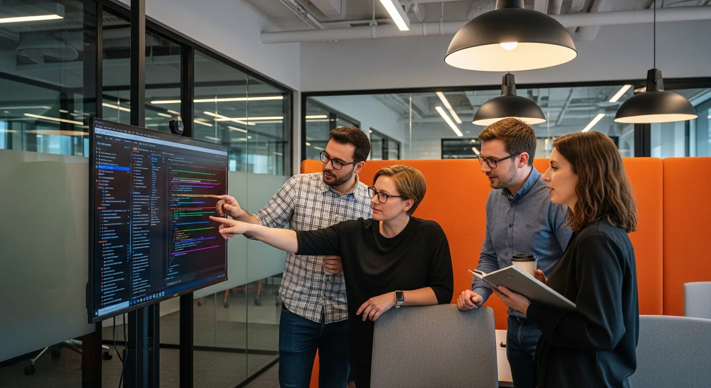Platform engineering team reviewing infrastructure as code pull request and Terraform plan output during a peer code review session in a modern conference room