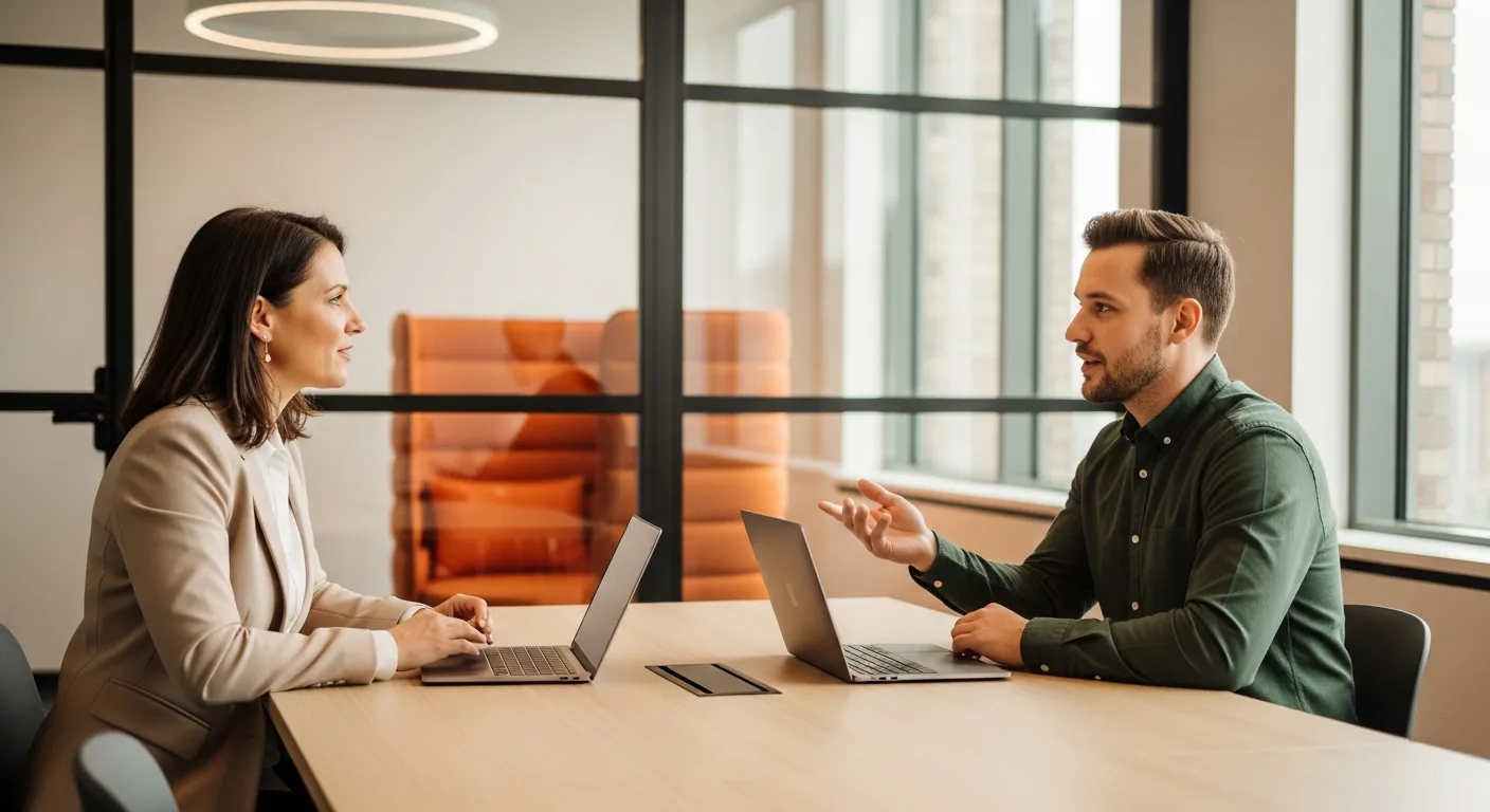 Hiring manager and Terraform engineer candidate having a focused technical interview conversation about state management and module design at a meeting room table