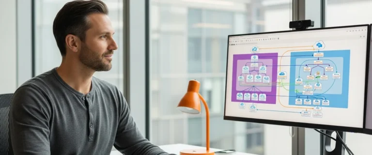 Senior cloud infrastructure engineer reviewing colorful nested multi-cloud architecture diagrams on a large ultrawide monitor in a modern platform engineering office with floor-to-ceiling windows