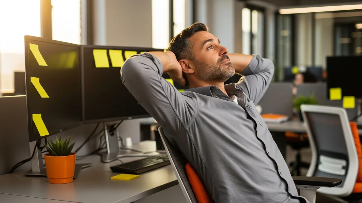 Male engineering director in his 40s leaning back in his chair away from dual monitors with sticky notes around the screens