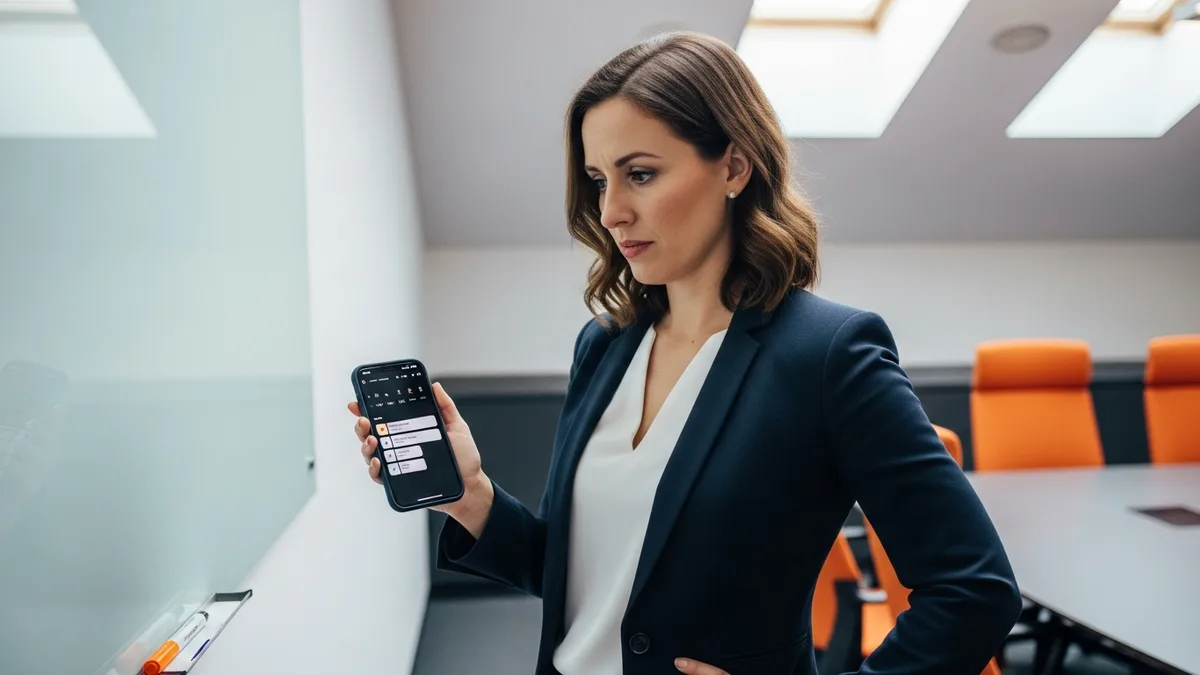 Female hiring manager in her late 30s in a navy blazer checking phone notifications near a glass whiteboard frowning slightly