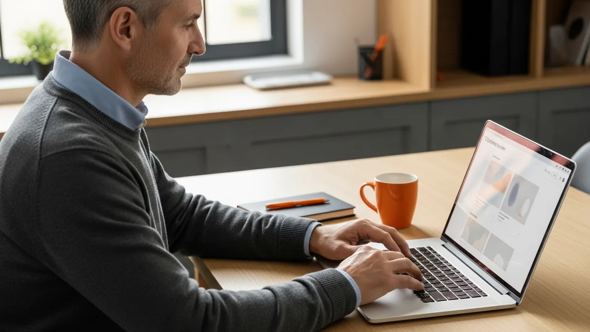 Male hiring manager in his 50s in a charcoal sweater calmly reviewing a clean candidate slate on his laptop at an organized desk