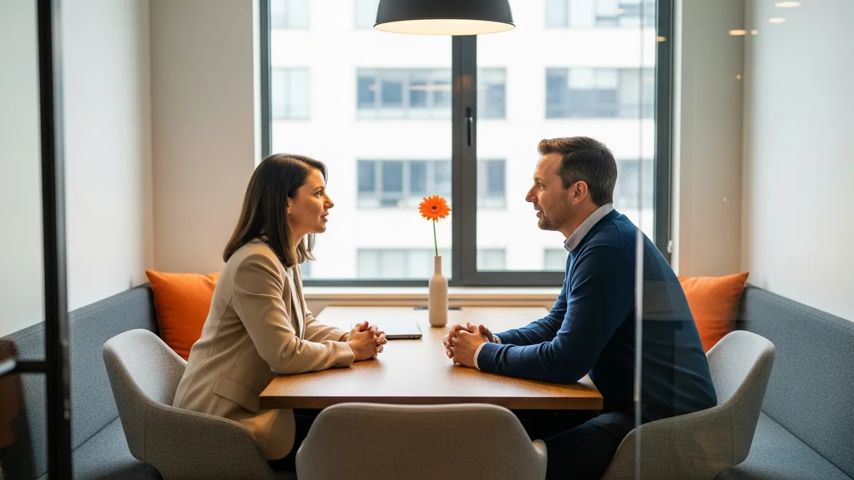 A female HR business partner and male hiring manager in a calm honest one-on-one conversation in a modern glass-walled conference room